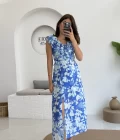 Çiçek Desenli Elbise - 3064 - Mavi