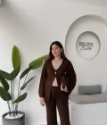 Damla Düğmeli Triko Takım - Kahverengi