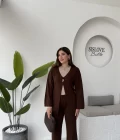 Damla Düğmeli Triko Takım - Kahverengi