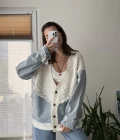 Denim Detay Kırık Beyaz Hırka