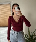 Dökümlü Yaka Bordo Bluz