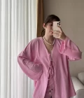 Gofre Kumaş Karışımlı Kimono Takım Pembe