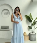 Hazel V Yaka Elbise - 3043 - Mavi