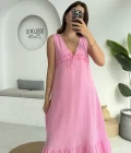 Hazel V Yaka Elbise - 3043 - Pembe