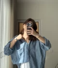 İndigo Mavi Oversize Tensel Gömlek Kod: 4612