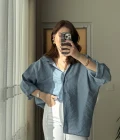 İndigo Mavi Oversize Tensel Gömlek Kod: 4612
