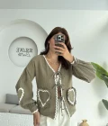 Kalp İşlemeli Pinterst Bluz - Haki - 1027