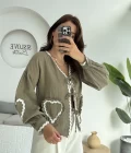 Kalp İşlemeli Pinterst Bluz - Haki - 1027