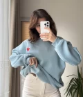 Kalp Nakışlı Sweatshirt Şardonlu Turkuaz
