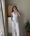 Keten Sırt Detay Yelek Pantolon Takım Beyaz
