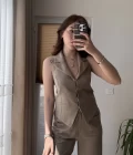 Keten Sırt Detay Yelek Pantolon Takım Haki