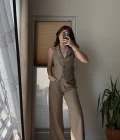 Keten Sırt Detay Yelek Pantolon Takım Haki