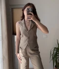 Keten Sırt Detay Yelek Pantolon Takım Haki
