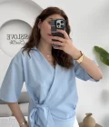 Kruvaze Yaka Bağlamalı Bluz - Bebe Mavisi - 1021