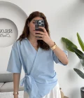 Kruvaze Yaka Bağlamalı Bluz - Bebe Mavisi - 1021