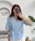 Kruvaze Yaka Bağlamalı Bluz - Bebe Mavisi - 1021