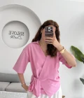 Kruvaze Yaka Bağlamalı Bluz - Pembe - 1021