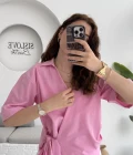 Kruvaze Yaka Bağlamalı Bluz - Pembe - 1021