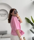 Kruvaze Yaka Bağlamalı Bluz - Pembe - 1021