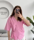Kruvaze Yaka Bağlamalı Bluz - Pembe - 1021