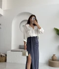 Lotus Yırtmaçlı Büzgülü Etek - İndigo - 3345