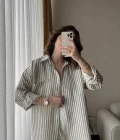 Magla Oversize Keten Mavi Çizgili Gömlek