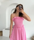 Melon Askılı Gipe Detay Elbise Pembe