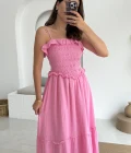 Melon Askılı Gipe Detay Elbise Pembe