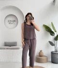 Nova Kalın Askılı Bluz Pantolon Takım - Kahve