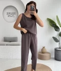 Nova Kalın Askılı Bluz Pantolon Takım - Kahve
