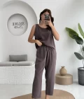 Nova Kalın Askılı Bluz Pantolon Takım - Kahve