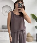 Nova Kalın Askılı Bluz Pantolon Takım - Kahve