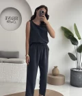Nova Kalın Askılı Bluz Pantolon Takım - Koyu Antrasit