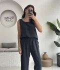 Nova Kalın Askılı Bluz Pantolon Takım - Koyu Antrasit