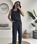 Nova Kalın Askılı Bluz Pantolon Takım - Koyu Antrasit