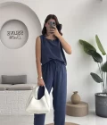 Nova Kalın Askılı Bluz Pantolon Takım - Lacivert