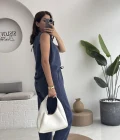 Nova Kalın Askılı Bluz Pantolon Takım - Lacivert