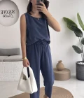 Nova Kalın Askılı Bluz Pantolon Takım - Lacivert