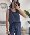 Nova Kalın Askılı Bluz Pantolon Takım - Lacivert
