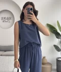 Nova Kalın Askılı Bluz Pantolon Takım - Lacivert