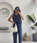 Nova Kalın Askılı Bluz Pantolon Takım - Lacivert