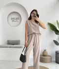 Nova Kalın Askılı Bluz Pantolon Takım - Vizon