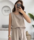 Nova Kalın Askılı Bluz Pantolon Takım - Vizon