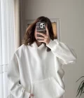 Oversize Kapüşonlu 3 İplik Şardonlu Sweatshirt Beyaz