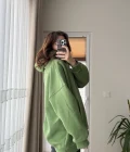 Oversize Kapüşonlu 3 İplik Şardonlu Sweatshirt Yeşil