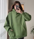 Oversize Kapüşonlu 3 İplik Şardonlu Sweatshirt Yeşil