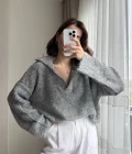 Peluş V Yaka Koyu Gri Kazak