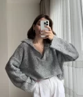 Peluş V Yaka Koyu Gri Kazak