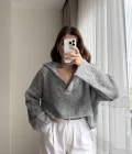 Peluş V Yaka Koyu Gri Kazak