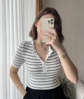 Düğme Yaka Beyaz Çizgili T-Shirt